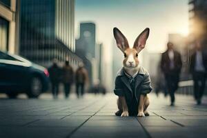 une lapin portant une costume et attacher sur le rue. généré par ai photo
