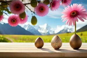 Pâques des œufs sur une table avec fleurs dans de face de montagnes. généré par ai photo