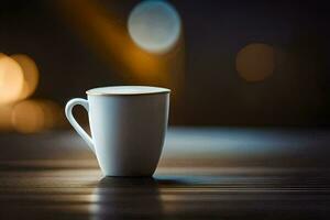 une café tasse sur une table avec flou lumières. généré par ai photo