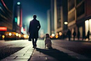 homme et chien en marchant dans le ville à nuit. généré par ai photo