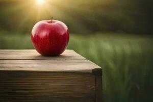 un Pomme est assis sur Haut de une en bois table dans de face de une champ. généré par ai photo