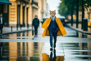 une homme dans une costume et Jaune manteau en marchant dans le pluie. généré par ai photo