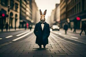 une lapin habillé dans une costume et attacher permanent sur une rue. généré par ai photo