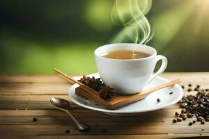 une tasse de thé avec une cuillère et épices. généré par ai photo