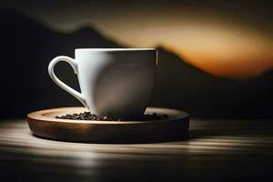 café tasse sur une en bois assiette avec montagnes dans le Contexte. généré par ai photo