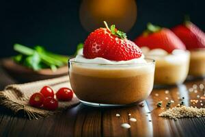 deux tasses de café avec fouetté crème et des fraises. généré par ai photo