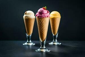 Trois la glace crème cônes avec différent les saveurs dans eux. généré par ai photo