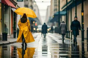 une femme dans une Jaune imperméable en marchant vers le bas une rue. généré par ai photo