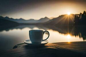 café tasse sur le lac, lac, montagnes, lever du soleil, lever du soleil, lever du soleil, lever du soleil,. généré par ai photo