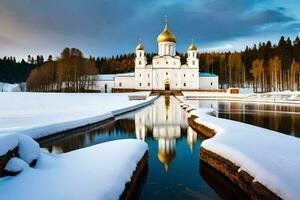 le russe orthodoxe cathédrale dans le l'hiver. généré par ai photo