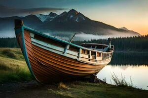 une bateau est assis sur le rive de une Lac à le coucher du soleil. généré par ai photo