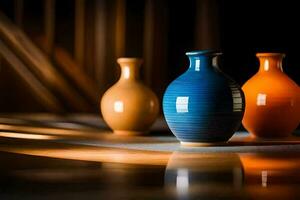 Trois des vases sont séance sur une tableau. généré par ai photo