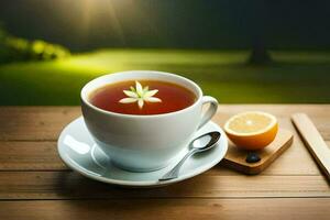 une tasse de thé avec une tranche de Orange et une cuillère sur une en bois tableau. généré par ai photo