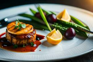 une assiette avec une steak, vert des haricots et une citron. généré par ai photo