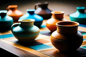 une groupe de coloré des vases sur une tableau. généré par ai photo