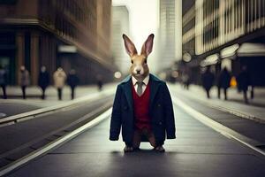 une lapin portant une costume et attacher sur une ville rue. généré par ai photo