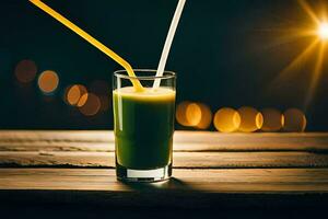 une verre de vert jus avec une paille. généré par ai photo