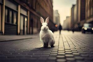 blanc lapin sur le rue. généré par ai photo