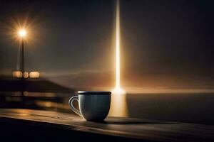 une tasse de café est assis sur une table dans de face de une lumière. généré par ai photo