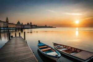 bateaux amarré à le jetée à le coucher du soleil dans venise. généré par ai photo