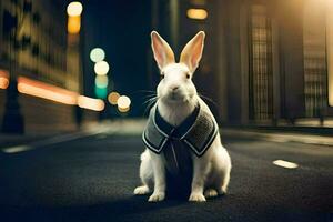 une lapin portant une veste séance sur le rue à nuit. généré par ai photo