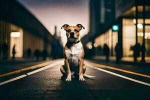 une chien séance sur le rue dans le milieu de une ville. généré par ai photo