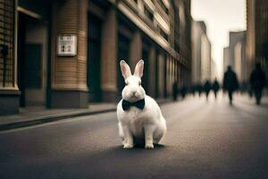 une blanc lapin portant une arc attacher séance sur le rue. généré par ai photo