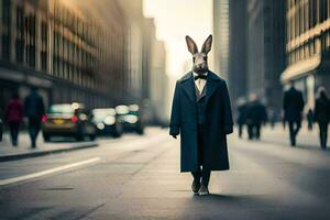 une lapin portant une costume et attacher en marchant vers le bas une ville rue. généré par ai photo