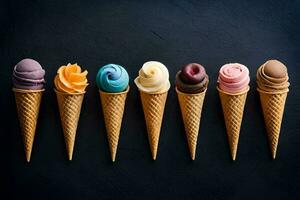 six différent la glace crème cônes dans une rangée sur une noir Contexte. généré par ai photo