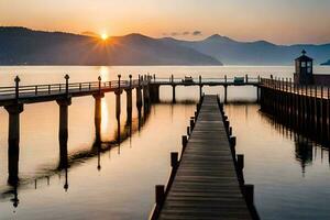 une jetée à le coucher du soleil avec montagnes dans le Contexte. généré par ai photo