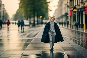 une Renard portant une manteau et en marchant vers le bas une rue. généré par ai photo