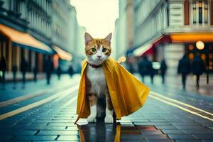 une chat portant une Jaune cap sur une ville rue. généré par ai photo