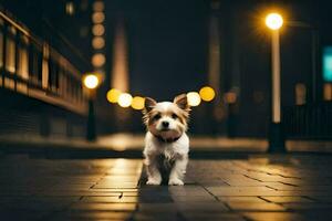 une petit chien permanent sur une rue à nuit. généré par ai photo