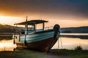 une bateau est assis sur le rive à le coucher du soleil. généré par ai photo