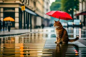 une chat séance sur le sol avec un parapluie. généré par ai photo