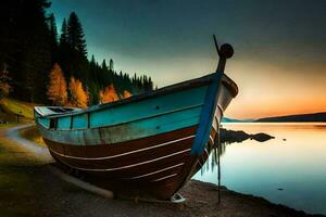 une bateau est assis sur le rive de une Lac à le coucher du soleil. généré par ai photo