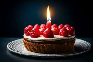 une anniversaire gâteau avec une Célibataire bougie. généré par ai photo