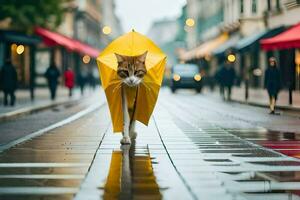 une chat en marchant sur une humide rue avec un parapluie. généré par ai photo