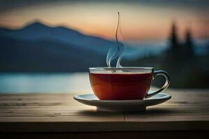 une tasse de thé sur une en bois table avec montagnes dans le Contexte. généré par ai photo