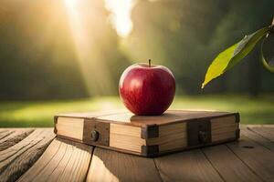 un Pomme est assis sur Haut de un vieux livre sur une en bois tableau. généré par ai photo