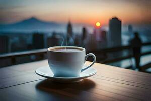 une tasse de café sur une en bois table dans de face de une paysage urbain. généré par ai photo