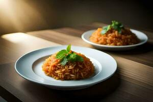 deux assiettes avec riz et garnir sur une tableau. généré par ai photo