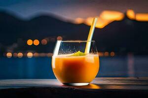 une verre de Orange jus avec une paille sur une tableau. généré par ai photo