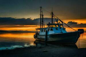 une pêche bateau est assis sur le rive à le coucher du soleil. généré par ai photo