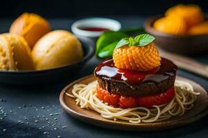 une assiette avec spaghetti et une gâteau avec sauce. généré par ai photo