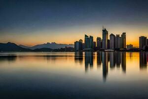 le ville horizon est réfléchi dans le l'eau à le coucher du soleil. généré par ai photo