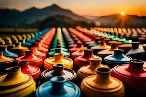coloré des vases sont doublé en haut dans une ligne. généré par ai photo
