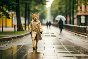 une Renard dans une tranchée manteau en marchant vers le bas une rue. généré par ai photo