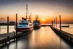 bateaux amarré à le Dock à le coucher du soleil. généré par ai photo