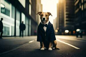 une chien portant une costume et attacher sur le rue. généré par ai photo